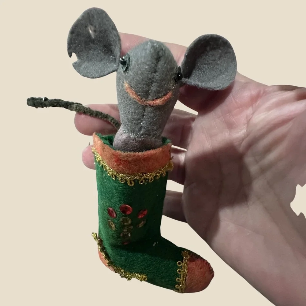 Vintage Felt Mouse in Christmas Stocking Ornament Kitschy Mid Century Holiday